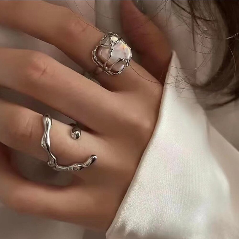 2pc Cresent Moon and Beautiful Faux Opal Accent, Adjustable Ring Set